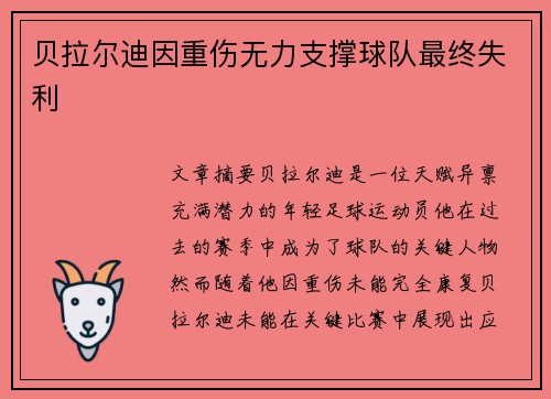贝拉尔迪因重伤无力支撑球队最终失利